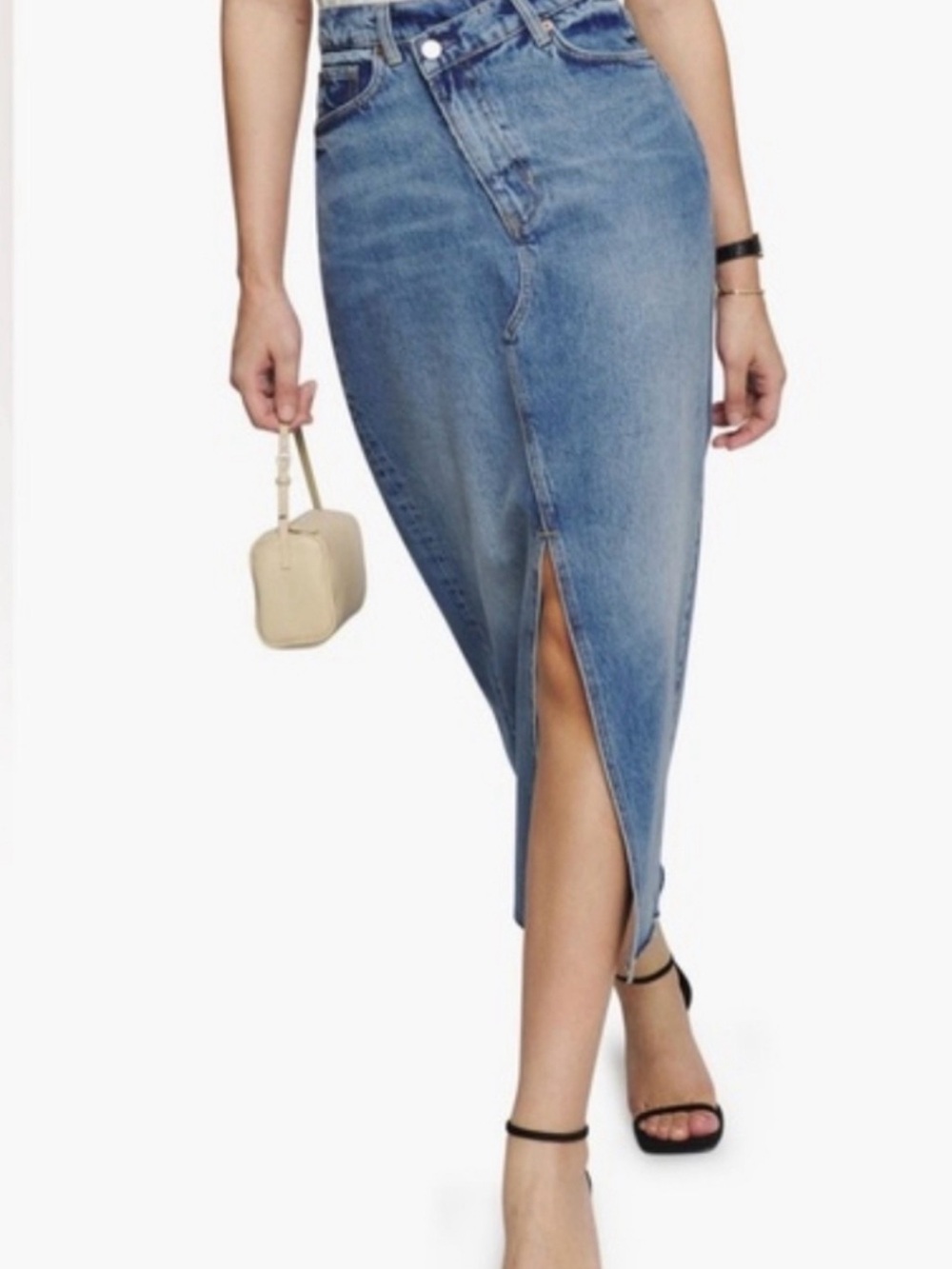Reformation Light Blue Denim Midi Skirt with Front Slit